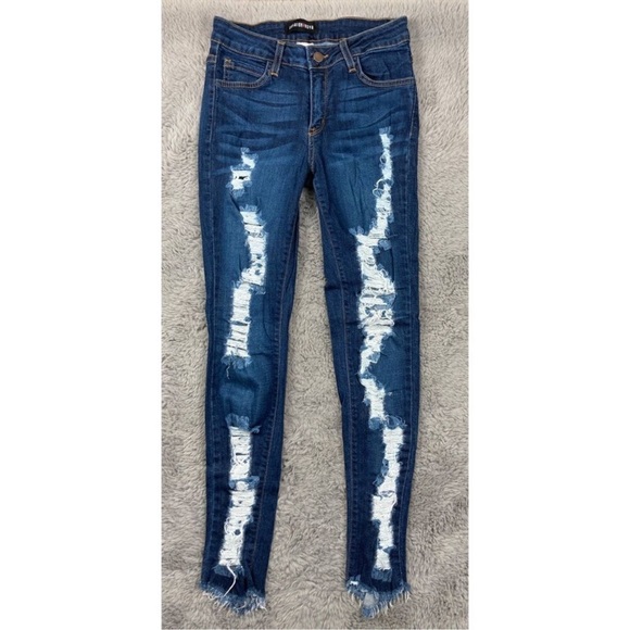 Fashion Nova Denim - Fashion Nova dark wash distressed jeans with raw hem
